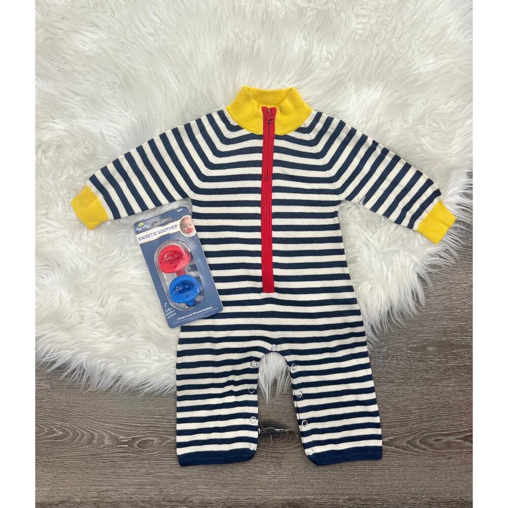 Toobydoo White & Navy Striped Cotton‎ Cashmere Sweater Jumpsuit 6/12month